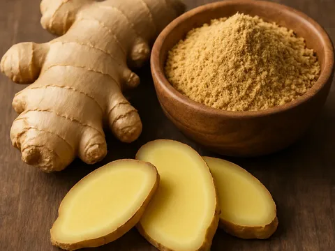 Ginger root pieces beside a bowl of golden ginger powder